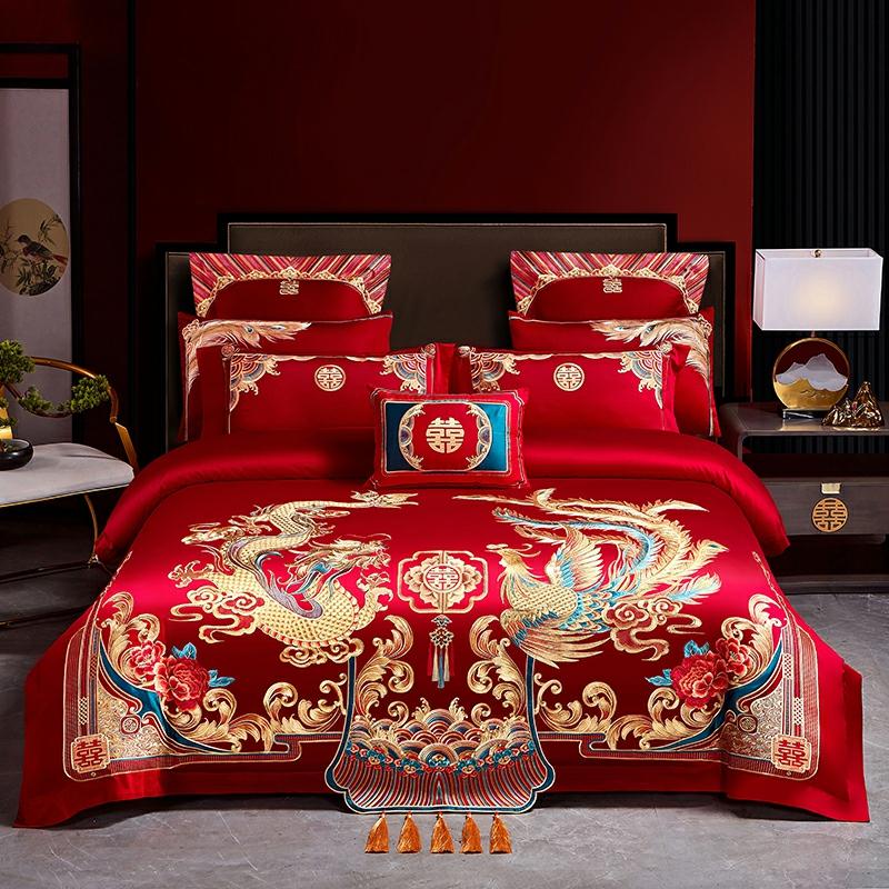 12-Delige Luxe Lange Katoen Huwelijksbedset In Groot Rood, 100% Katoen, Met Draken- En Phoenixborduursel Voor Bruiloften, Beddengoed Set  |   Huwelijksbedtextiel Huwelijksbedtextiel Huwelijksbedtextiel