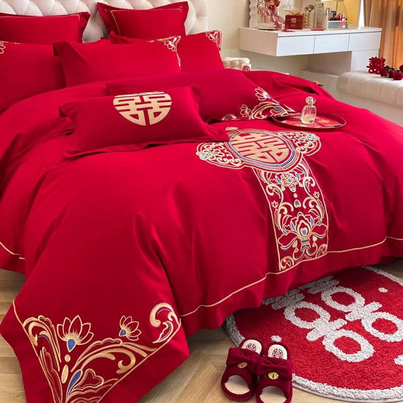 Chinese Dragon And Phoenix Embroidery Grote Rode Bruiloft Vierdelige Set Nieuwe Huwelijk Beddegoed Pure Katoen Zesdelige Bedset Dekbedovertrek Beddengoed  |   Huwelijksbedtextiel Huwelijksbedtextiel Huwelijksbedtextiel