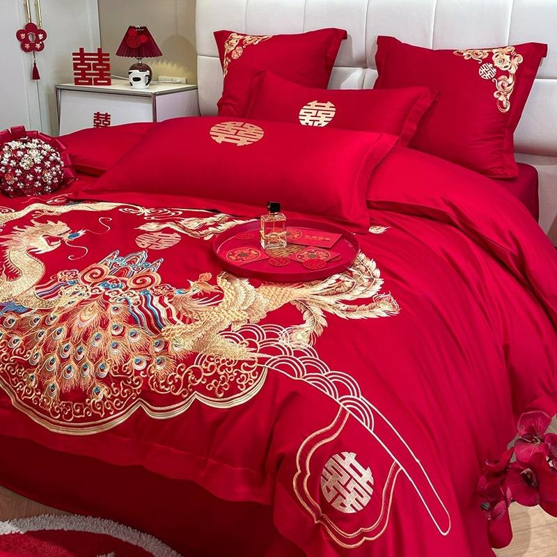 Chinese Dragon And Phoenix Embroidery Wedding Four-Piece Set Rood Katoenen Bedlinnen Luxe Trouwen Bedtextiel  |   Huwelijksbedtextiel Huwelijksbedtextiel Huwelijksbedtextiel