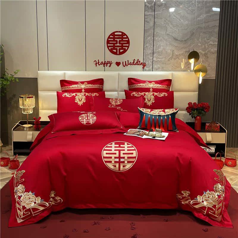 Nieuwe Chinese Stijl Huwelijks Vierdelige Set Rode 100% Katoen Bruiloft Bed Set Zesdelige Huwelijksdeken Pure Katoen  |   Huwelijksbedtextiel Huwelijksbedtextiel Huwelijksbedtextiel