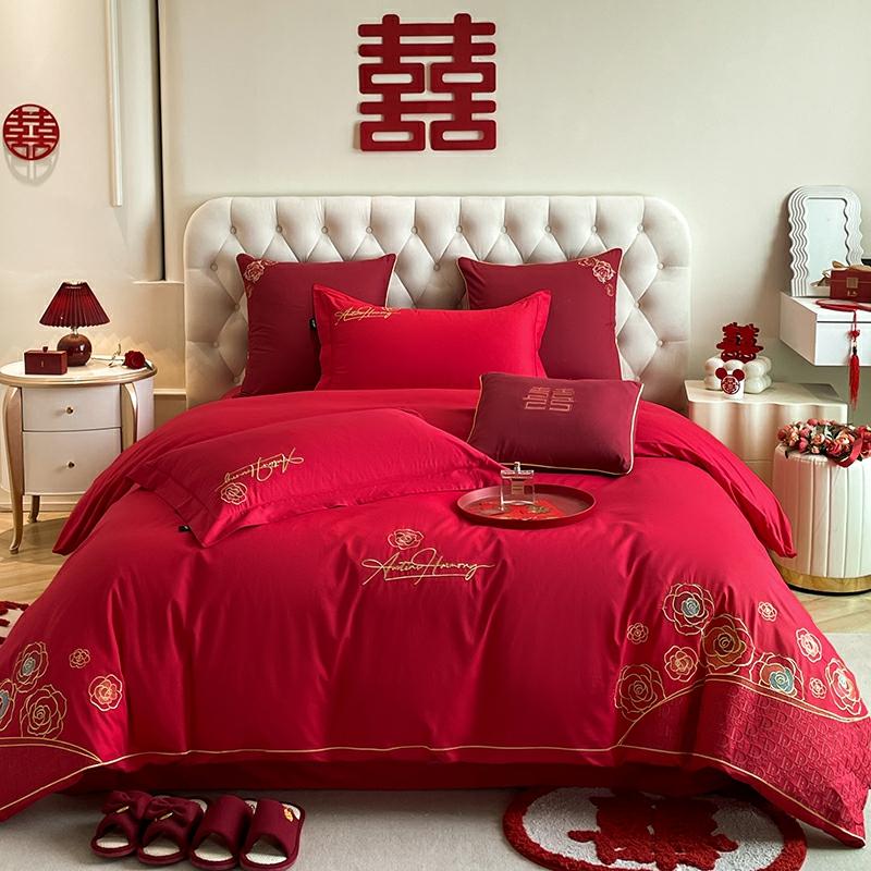 100% Katoenen Lang Stapel Borduurwerk Bruiloft Bed Set Vierdelige Set Luxe Chinese Grote Rode Beddegoed Trouwen  |   Huwelijksbedtextiel Huwelijksbedtextiel Huwelijksbedtextiel